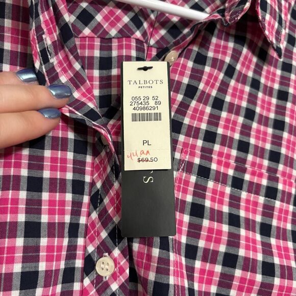 Talbots Pink Black White Plaid Button Down Cotton Blouse Petite Large NWT - Picture 6 of 9